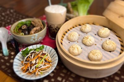Taiwan Traditional Delicacies Experience, Xiao Long Bao, Chicken vermicelli with mushroom and sesame oil, Tofu strips salad, Bubble milk tea.