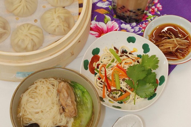 Xiao Long Bao, Chicken vermicelli with mushroom and sesame oil, Tofu strips salad, Bubble milk tea. Taiwan Traditional Delicacies Experience-A (Taipei Cooking Class) - Tofu strips salad and bubble milk tea